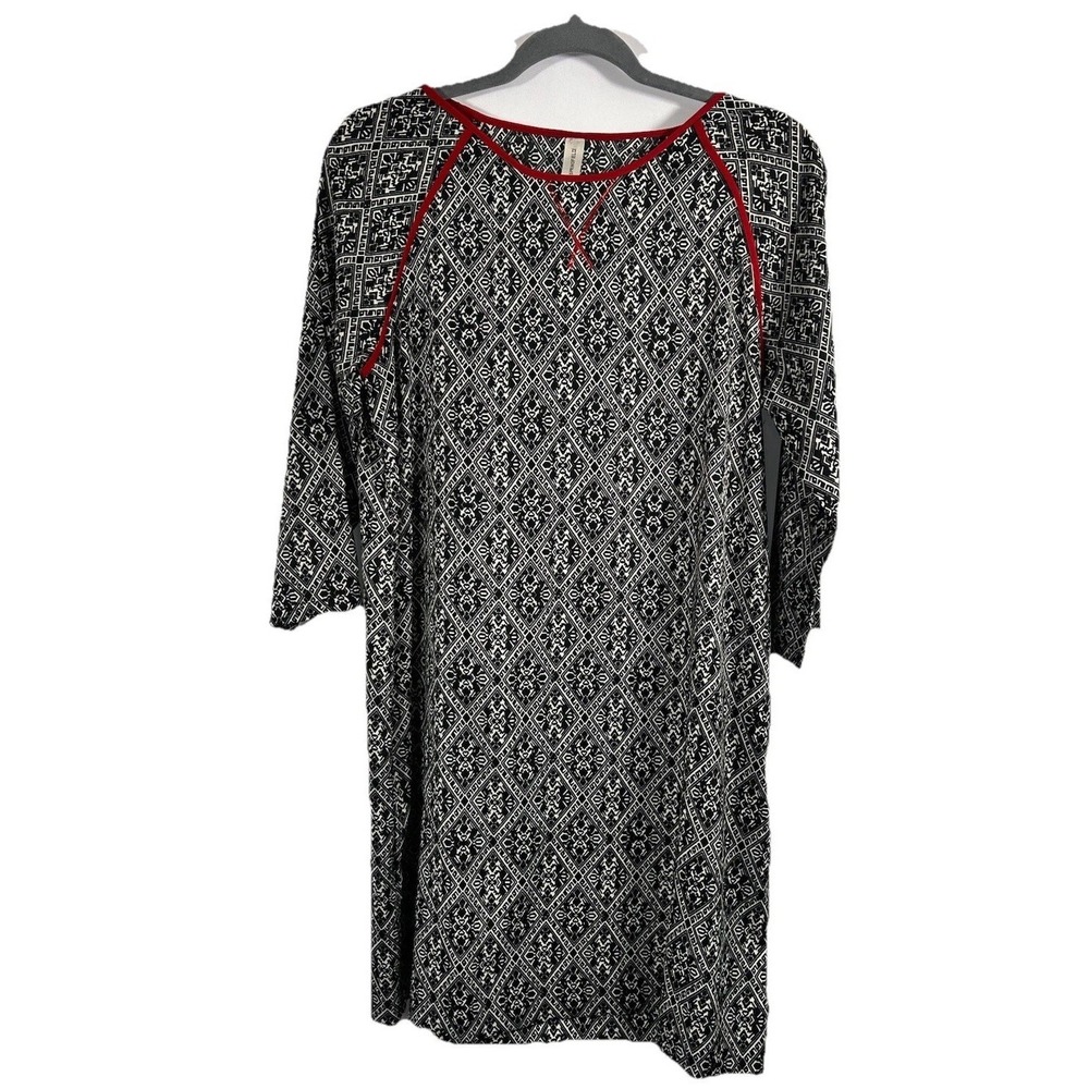 SPRINGFIELD Geometric‎ Tile Print Shift Dress Red Trim Boho Parisian Chic US 10